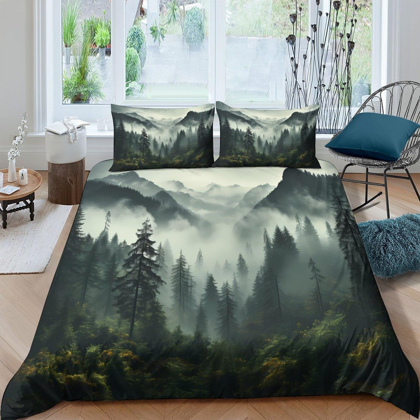 Ctjqhvkz Style-4 3D Printed Misty Forest Fitted Sheet Microfiber Soft Green Mountain Bed Cover For Bedroom Decor Mattress Protection Single（135X200cm）
