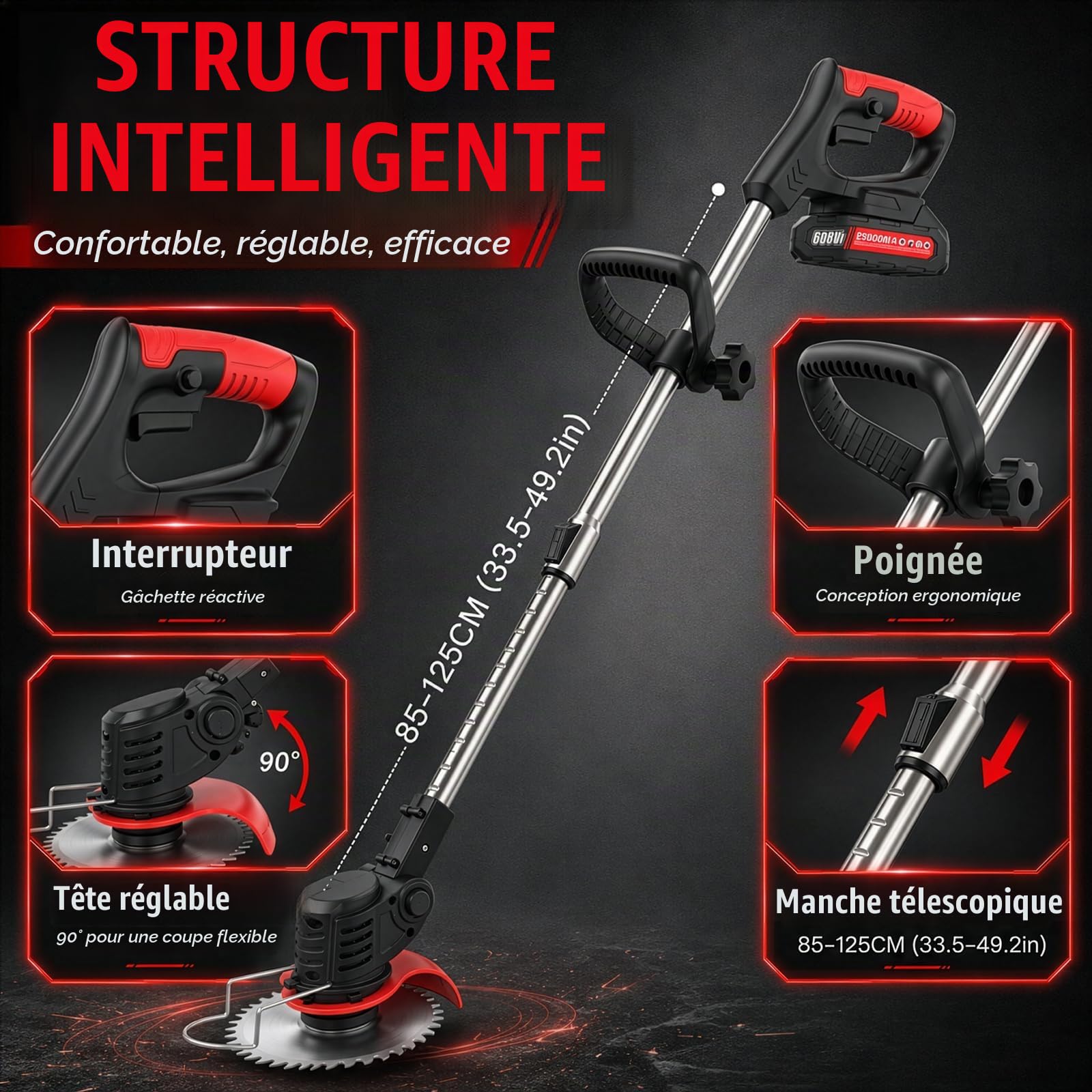 Coupe Bordure sans Fil avec Batterie, Debroussailleuse Electrique sans Fil avec 3 Types Lames, 2 Batteries 21V, Tête Pivotante 90°, Poignée Réglable, Rotofil Batterie pour Jardin et la pelouse