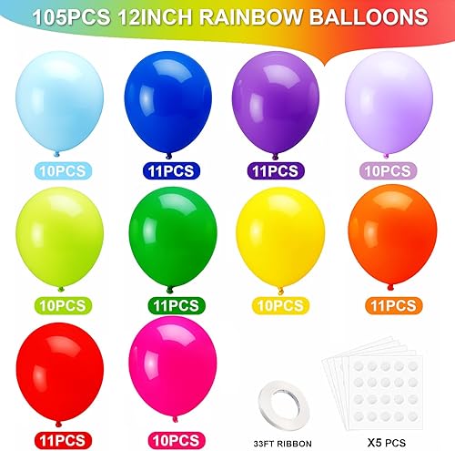 Miniatura 2 de 105 globos de látex arcoíris, globos de colores surtidos de 12 pulgadas, globos redondos de helio de colores brillantes para cumpleaños, baby