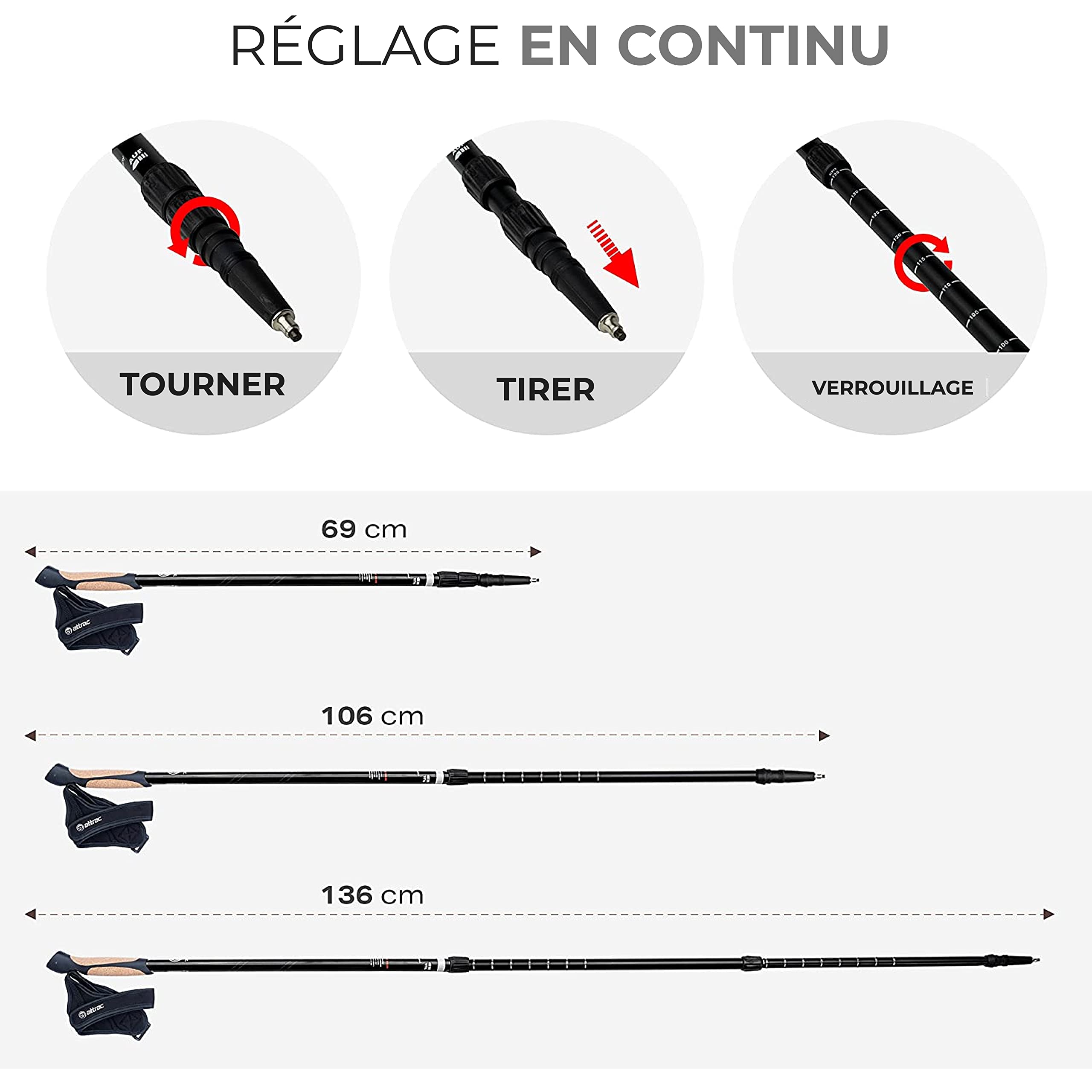 ATTRAC Bâtons de randonnée Click & GO avec Amortissement Anti-Chocs I Bâtons de Marche Nordique réglables et Super légers 69-136 cm avec Application Sport