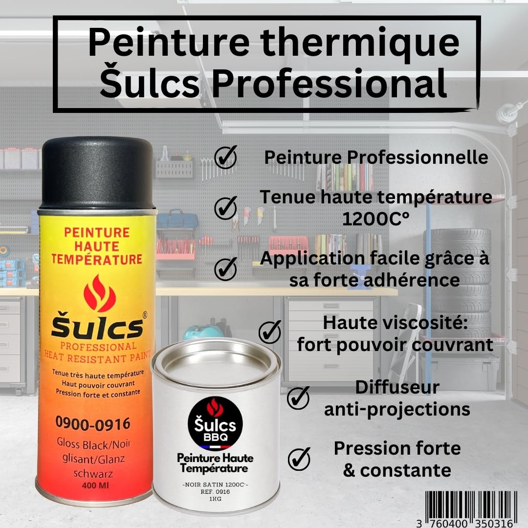 Pot De Peinture Très Haute Température 1200°c Professionnelle - Noir Satin 1Kg Ref. 0916 - Haut Pouvoir Couvrant Barbecue Braséro Four Poêle à bois Insert Cheminée Auto Moto Radiateurs ŠULCS BBQ®