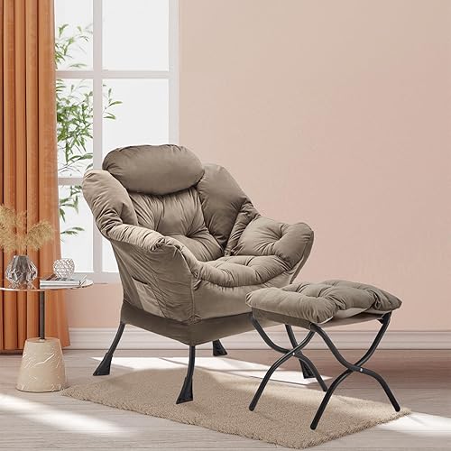Miniatura 2 de Silla Lazy con otomana plegable, silla decorativa de terciopelo tapizada con estructura de metal y almohadillas antideslizantes, sillón con