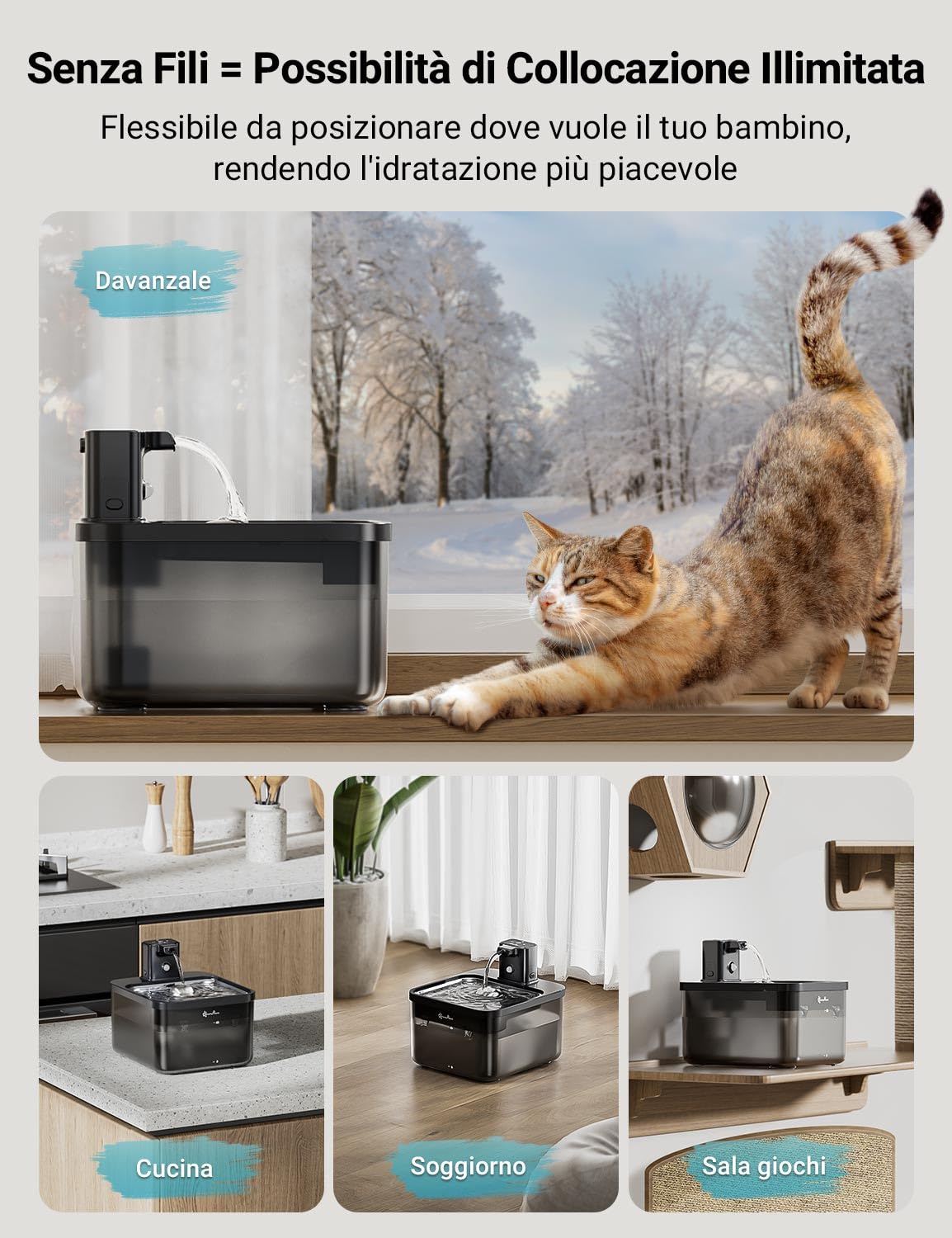 DownyPaws Fontanella per Gatti senza Fili con 6 Filtri, Alimentazione a Batteria da 4000mAh, 2,5 L Ultra Silenziosa Fontanella per Gatti con Sensore
