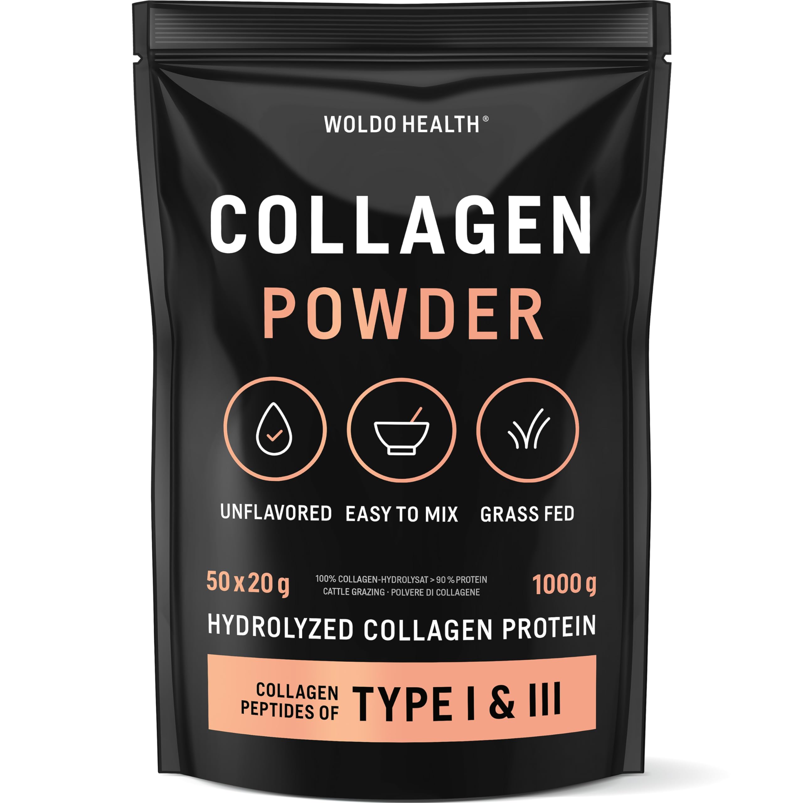 WoldoHealth Kollagen Pulver 1kg aus Weidehaltung - Collagen Hydrolysat