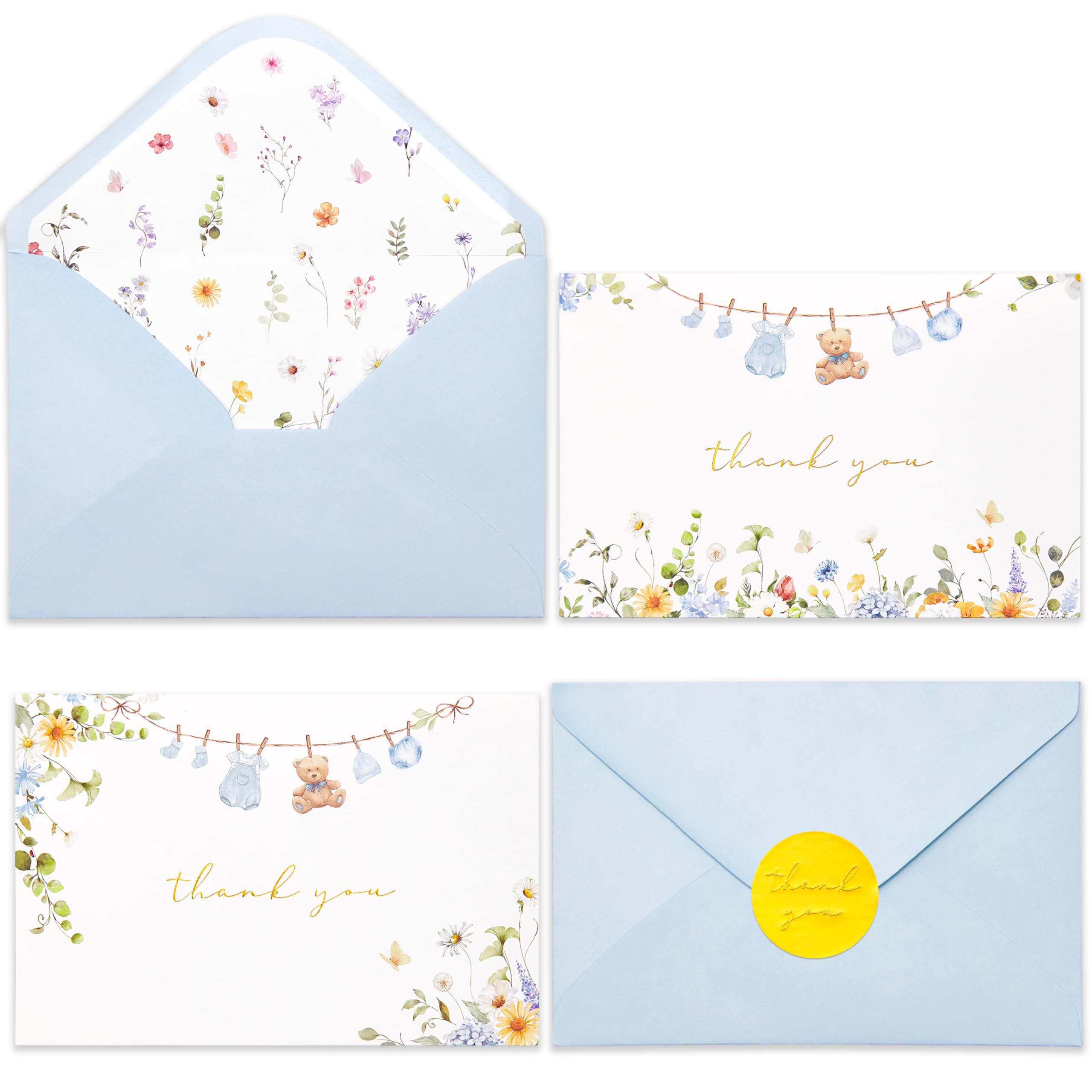 Crisky Baby Shower Blue Gold Thank You Cards (50 Pack) with Envelopes & Stickers Boy Baby Shower Greeting Cards Bulk, Watercolor Delicate Wildflower