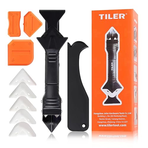 Herramientas de calafateo de silicona 5 en 1, herramienta de acabado sellador, raspador de lechada, reutilización y reemplazo de 5 almohadillas de