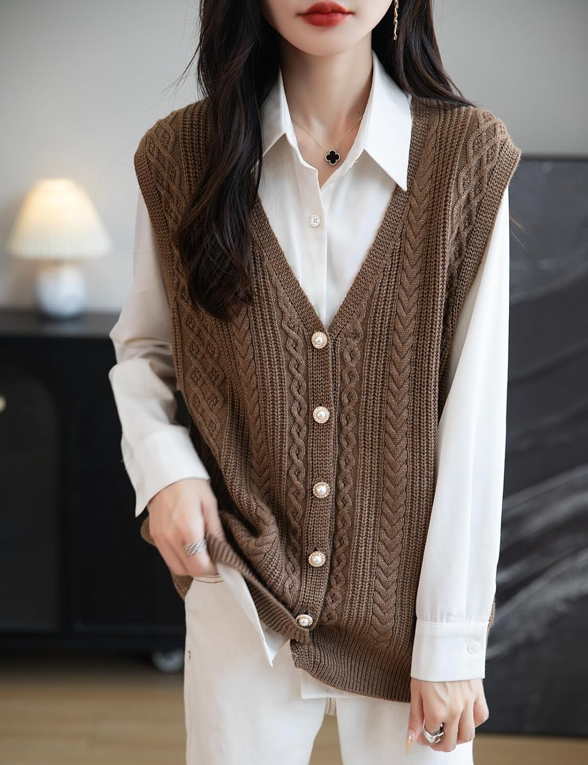 Women's Merino Wool Blend Sweater Vest 2025 Fall Winter Casual V Neck Cable Sleeveless Knit Cardigan with Button - Image 5