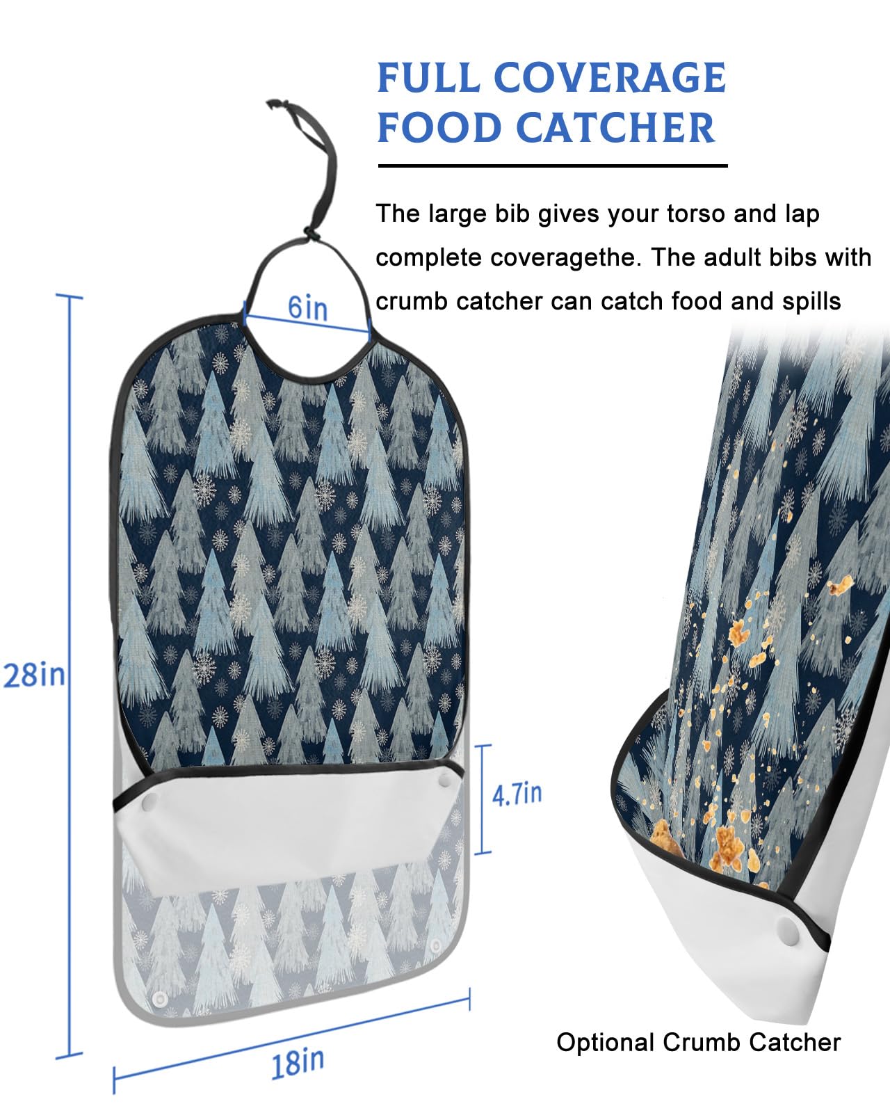 Christmas Tree Adult Bibs for Eating, Waterproof Bibs with Food Catcher & Adjustable Snap Closure, Navy Blue Xmas Tree Winter Snowflake Washable Clothing Protectors Adult Bibs for Elderly Women/Men