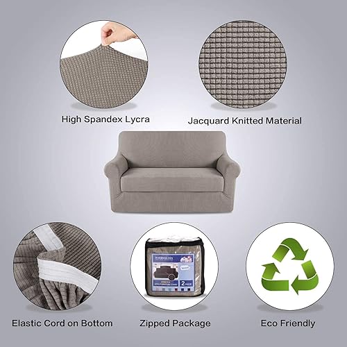 Miniatura 2 de H.VERSAILTEX Juego de 2 fundas elásticas para sofá biplaza de color gris pardo, de alta elasticidad, 2 piezas, tela jacquard de elastano, súper