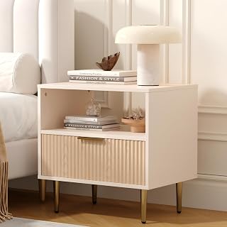 Housoul Fluted Nightstand with Drawer, End Table with Storage, Oak | Bed Side Table with Open Space for Bedroom, Modern Night Stand with Golden Handle, Side Night Stand for Bedroom, Living Room
