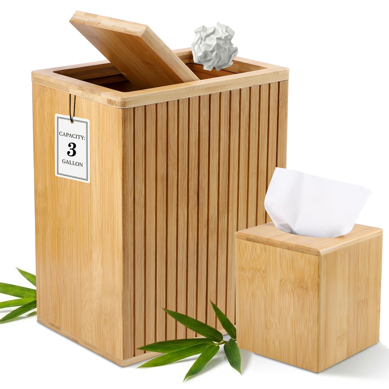 Photo 1 of BSSN Bamboo Waste Basket and Tissue Box Cover Set, 3 Gallon Farmhouse Bathroom Trash Can with Lid and Square Tissue Holder, Covered Wood Decorative Garbage Bin Combo for Bedroom, Office, Kitchen