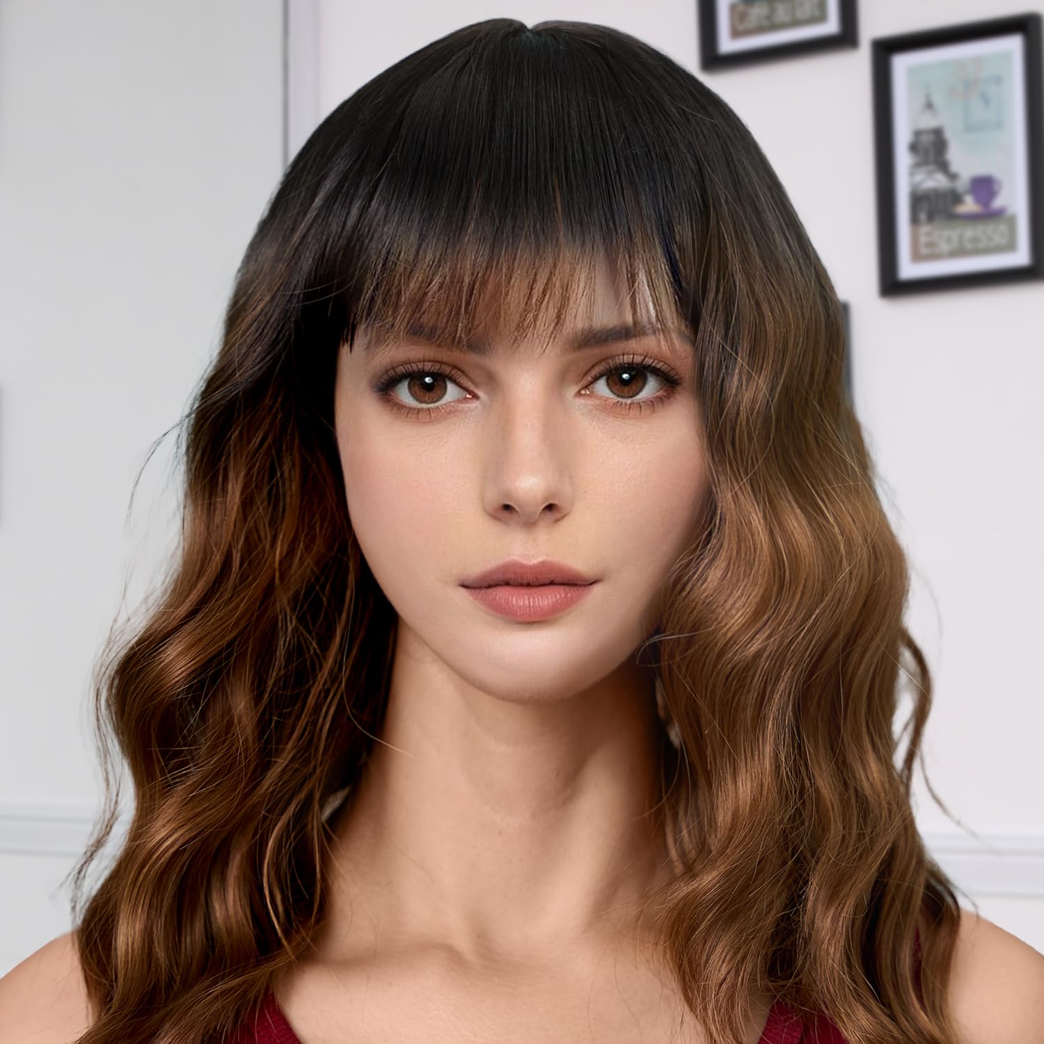 VODOZAVA Short Bob Wig with Bangs Wigs for White Women Synthetic Heat Resistant Wavy Wigs for Women (BlackBrown)