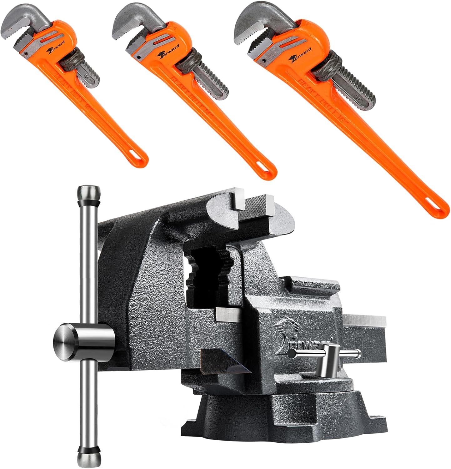 Forward CR40A 4.5 Inch Bench Vise and 3pcs Pipe Wrench Set - 10", 14", 18"