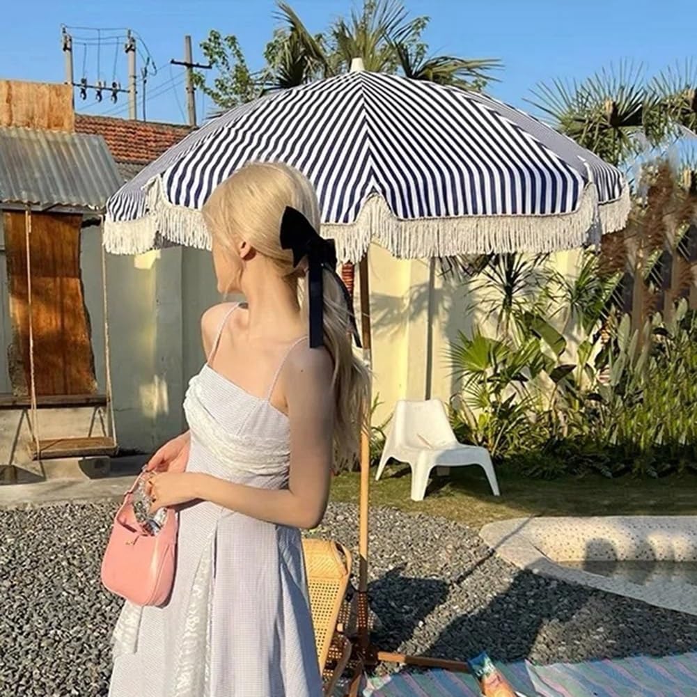 Parasol plażowy z frędzlami, UPF 50+, zewnętrzny parasol tarasowy z nachyleniem guzika, przenośny parasol ogrodowy na trawnik, podwórko, basen i podwórko