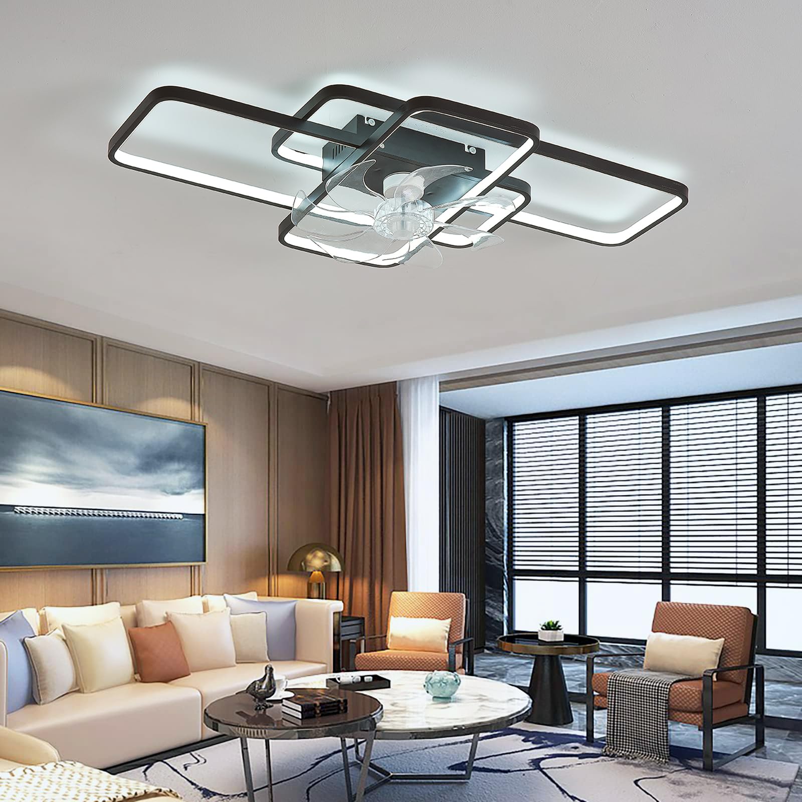 Prostokątna Lampa Sufitowa Z Wentylatorem Odwracalna Cicha Lampa Sufitowa Do Sypialni Z Wentylatorem Z Pilotem Ściemniacz APP Timer Salon Wentylator Sufitowy Z Oświetleniem Nowoczesny LED-Black||103cm