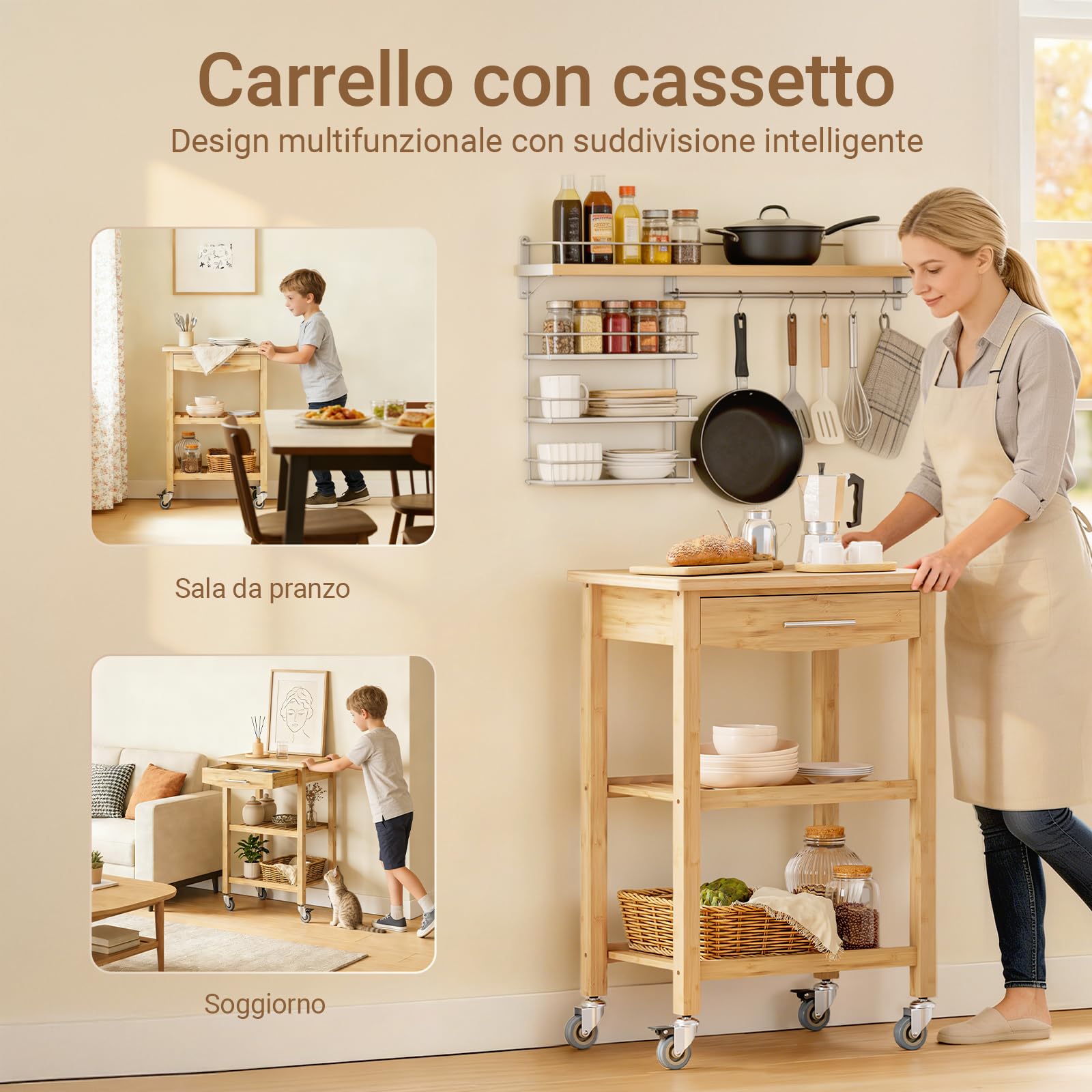 SoBuy Carrello da Cucina in Bambù Carbonizzato – Mobile da Cucina con Ruote e Cassetto, Carrello Mobile, per Cucina, Sala da Pranzo ed Esterno 58×40×86 cm FKW135-N