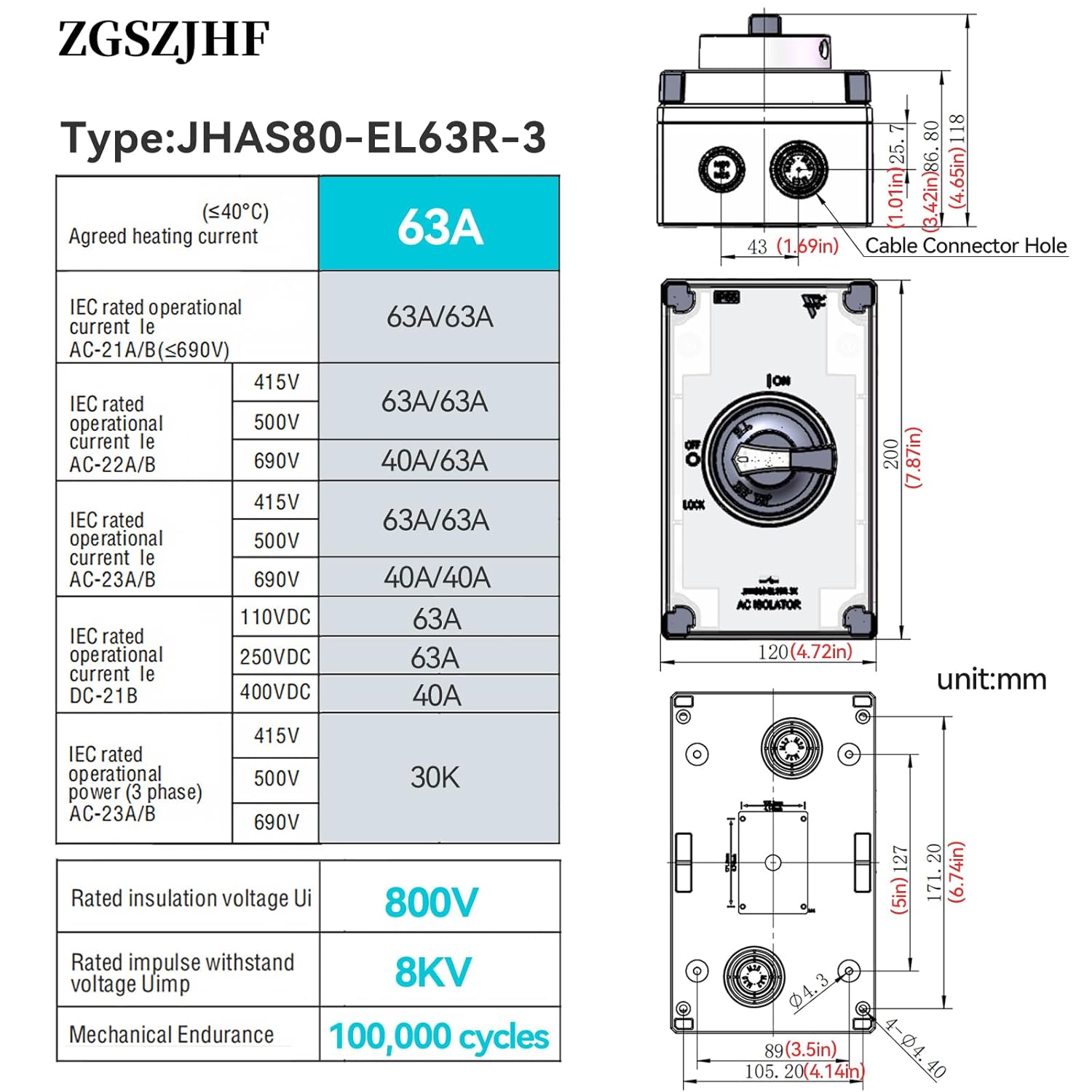UL-Listed 63Amp AC Disconnect Switch 3-Pole 800V AC; PV Isolation On Off; IP66 Waterproof 3 Phase Disconnect Box Outdoor Breaker 3-Ways