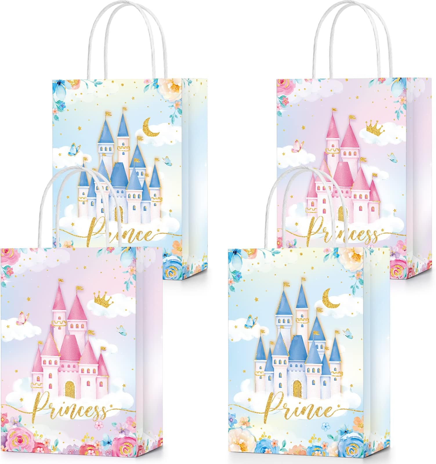 24 Pcs Princess and Prince Party Favor Bags With Handles - Castle Themed Candy Goodie Bags for Gender Reveal, Baby Shower, Wedding Supplies