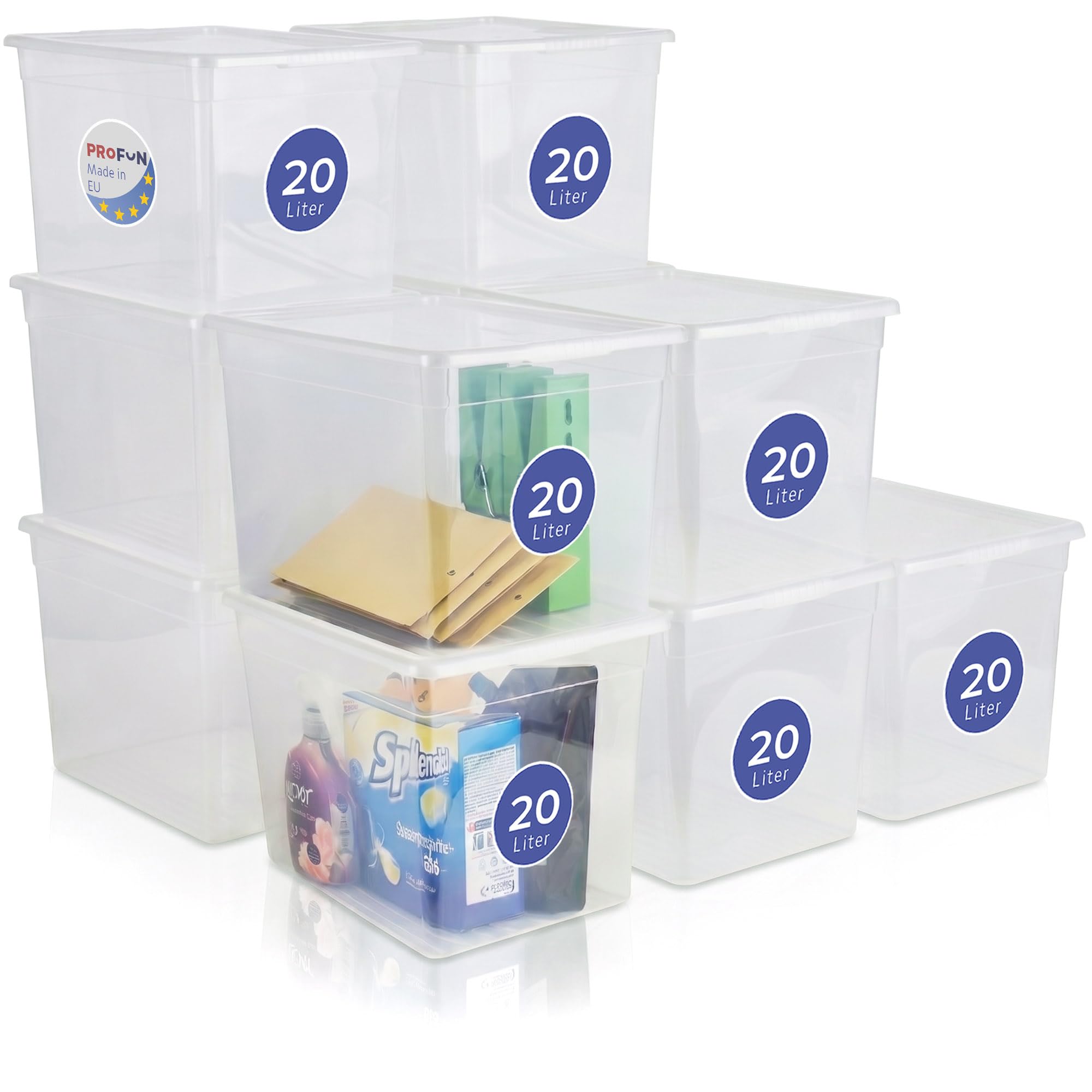 PROFUN Scatola portaoggetti con coperchio, 20 l, grande scatola di plastica con coperchio, scatole impilabili, scatole e scatole con coperchio, set da 11 pezzi
