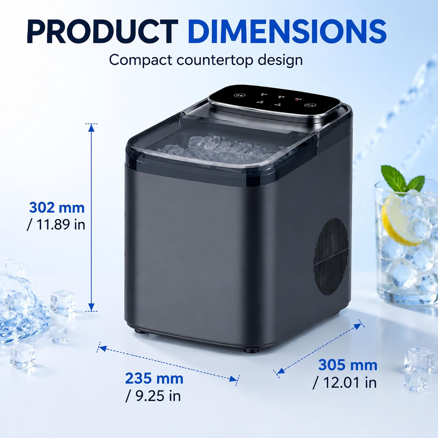 Ghiacciatrice Bullet da banco Grigio Opaco, compressore Silenzioso | Compressore silenzioso,autopulente, produzione rapida di 9 cubetti di ghiaccio a forma di proiettile, compatta e portatile