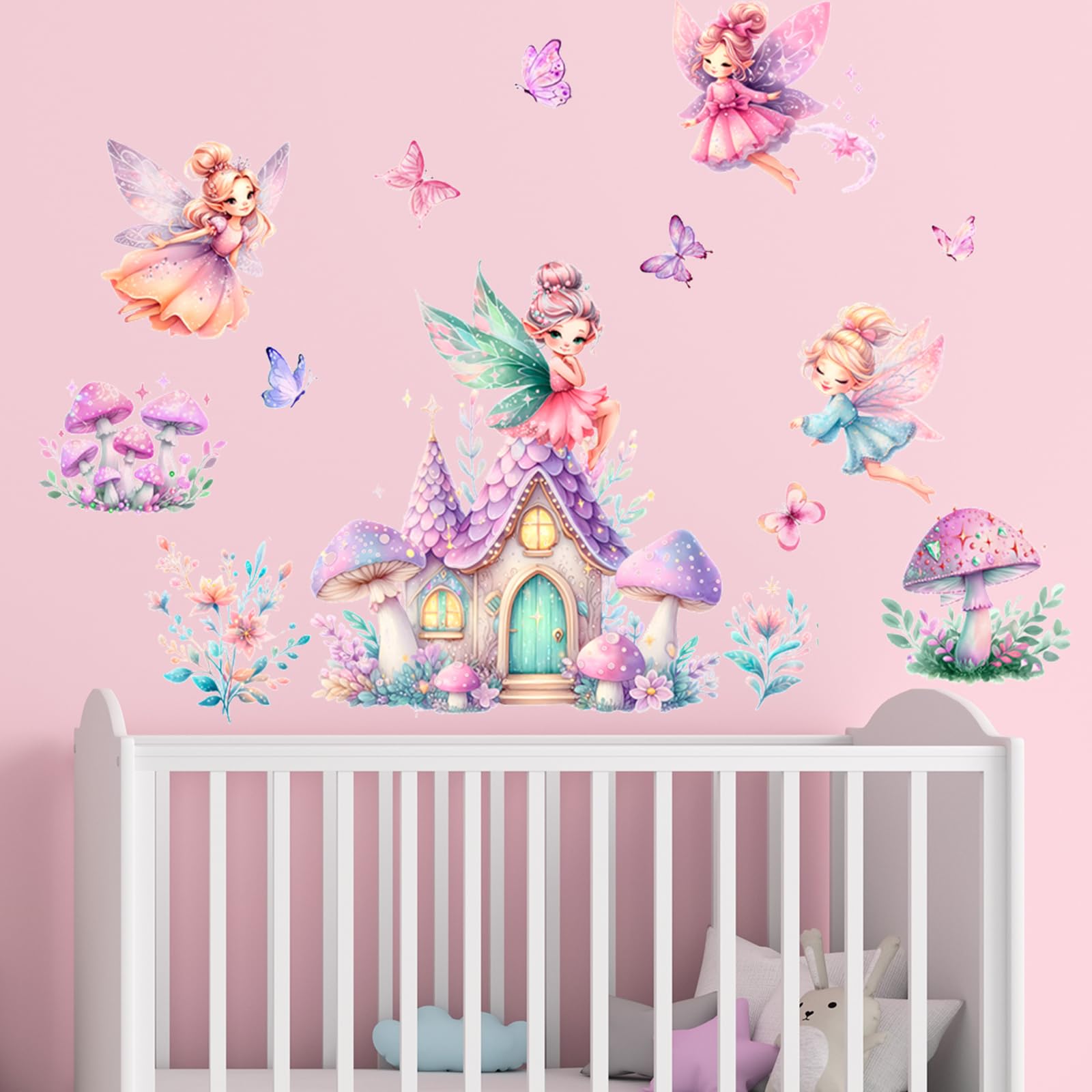 Fairy Garden Wall Stickers for Girls Bedroom, Removable Vinyl Decals with Pink & Purple Mushroom House and Butterflies - Image 3