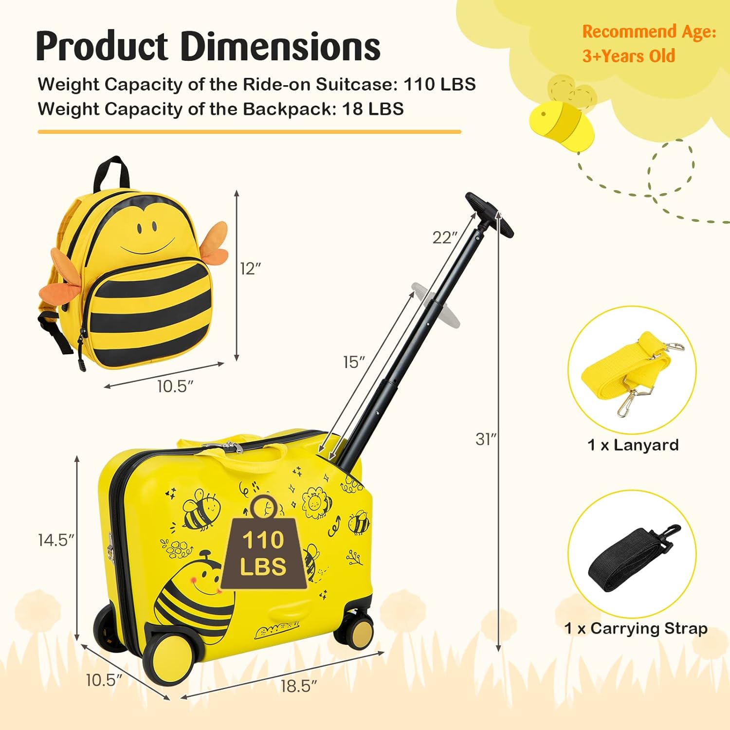 review Goplus 2 PCS Kid Luggage Set, 18” Carry-on & Ride-on Suitcase W/Spinner Wheels, 12” Backpack Set W/Anti-Lost Rope for Pull & Prevent Loss, Carry Strap, Sit-on Travel Rolling Luggage for Girls Boys