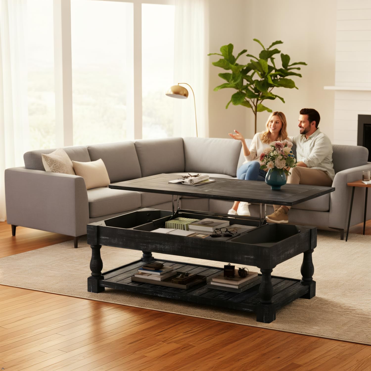 Lift Top Coffee Table with Hidden Storage, 47.24" Framhouse Solid Wood Cocktail Tables with 3 Storage Trays and Fixed Shelf, Rectangle Retro Coffee Tea Table for Living Room,Small Space