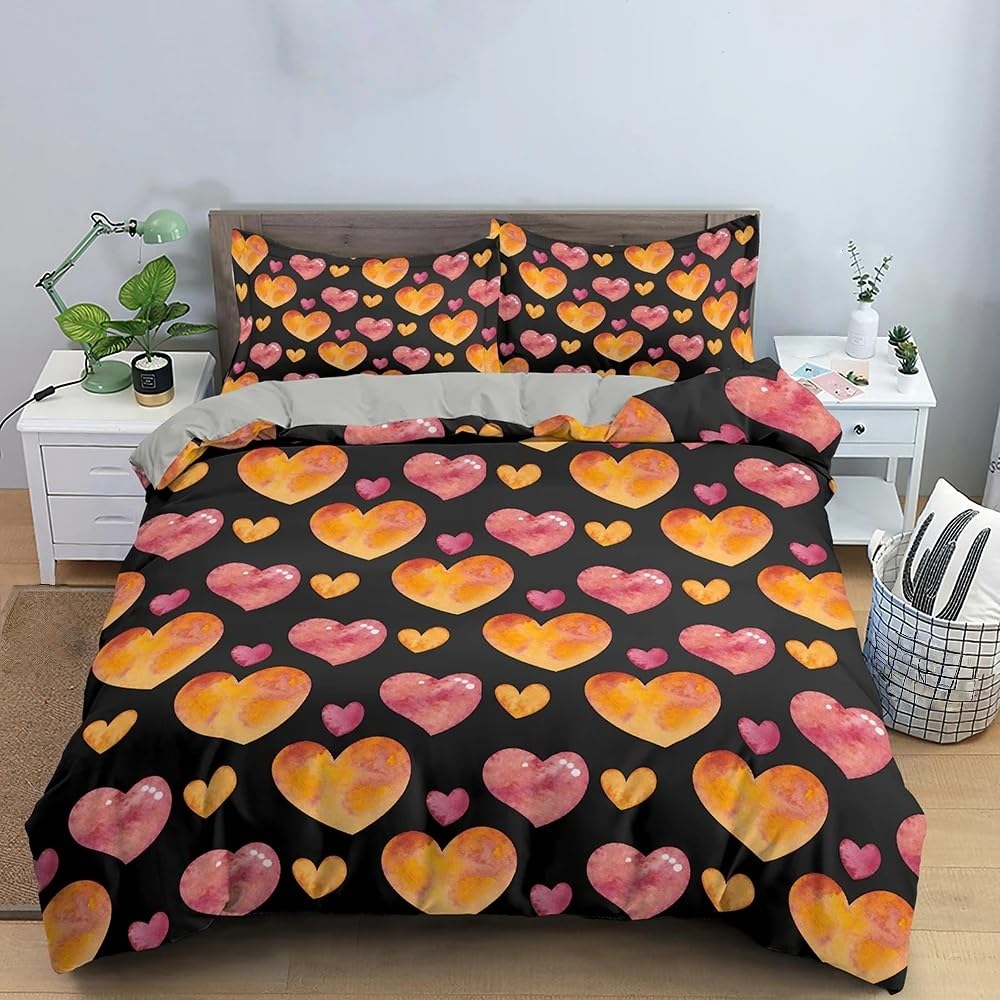 Housse de couette 260x240 cœur imprimé 3D jaune et rose sur fond noir moderne