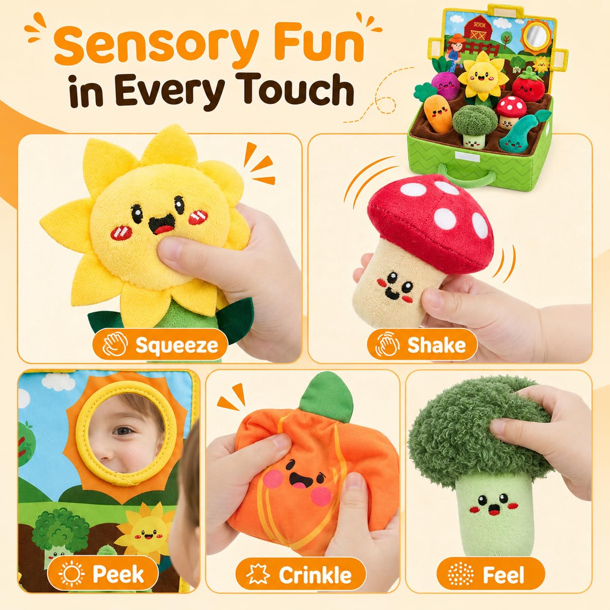 Fattoria Verdura Bambini, Giochi Montessori 1 Anno, Verdura Fattoria per Bambini con Peluche, Libro Sensoriale Neonati, Set Educativo Sensoriale con Sonagli, per La Prima Scoperta del Bebè