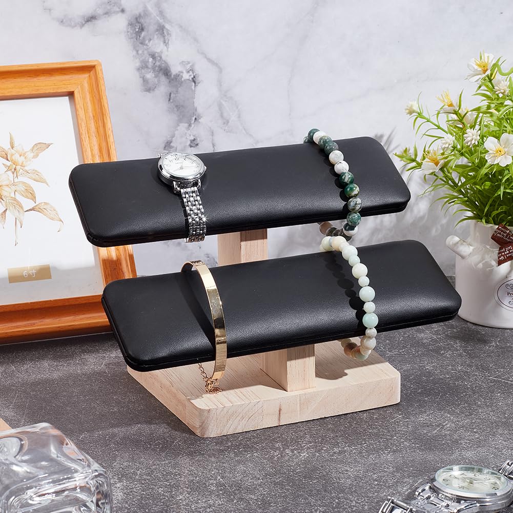 nbeads Holz Uhrenständer Display-Ständer, 19.7x12.4x13.2cm 2 Etagen PU Leder Armband Display Ständer mit Holzsockel Uhren Display Turm für Haus Einzelhandel Display, Schwarz