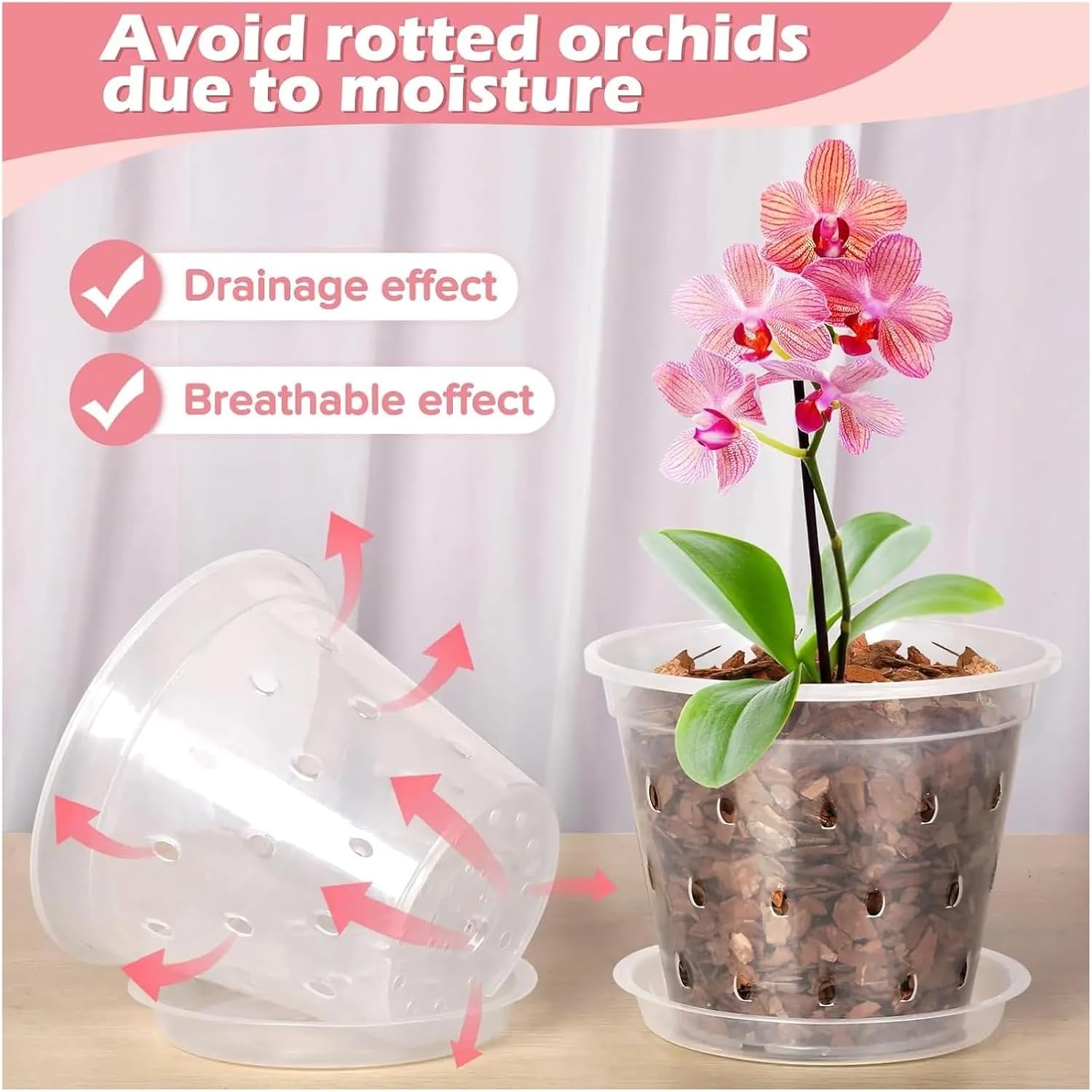 Clear Nursery Pots with Drainage 5Pcs Transparent Orchid Pot 4/5/6/7inch Planter with Holes and Saucers Breathable Flower Plant for Nursery(14x9.3x10.5cm)