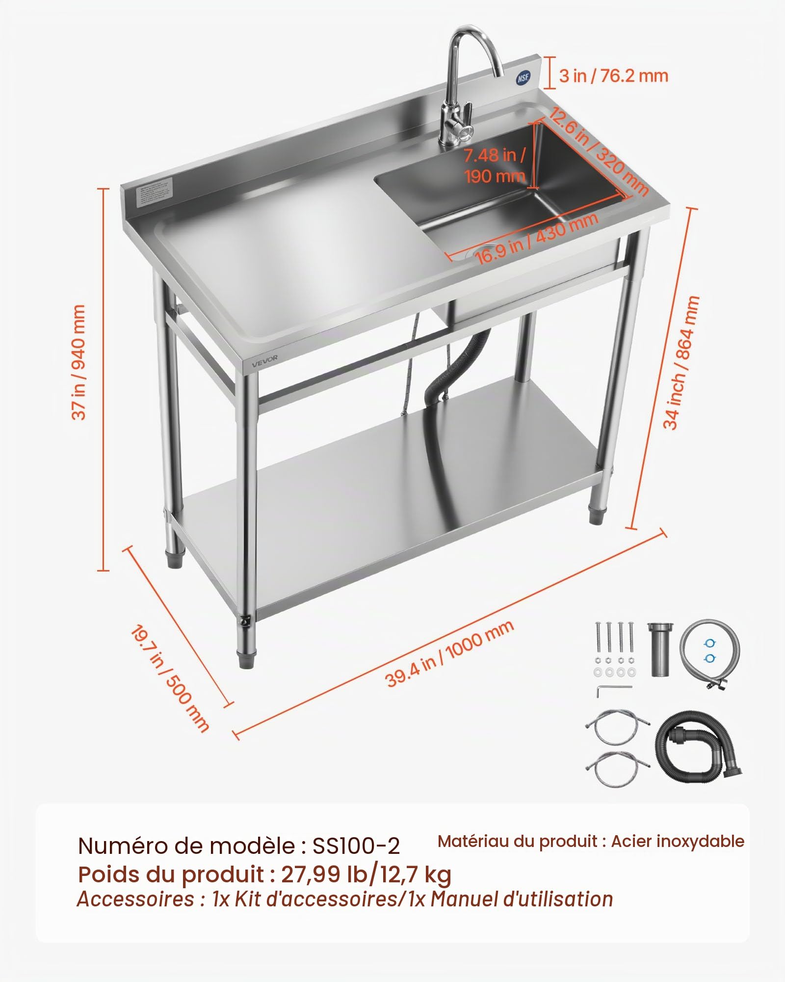 VEVOR Évier cuisine utilitaire en acier inoxydable, évier professionnel autoportant à cuve unique droite, avec robinet, tuyau d'eau chaude et froide pour garage, restaurant, buanderie, 100x50x94 cm
