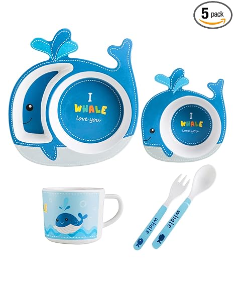 AdiChai Eco Friendly Bamboo Fiber Whale Design Children's Dinnerware Baby Cute Tableware Set
