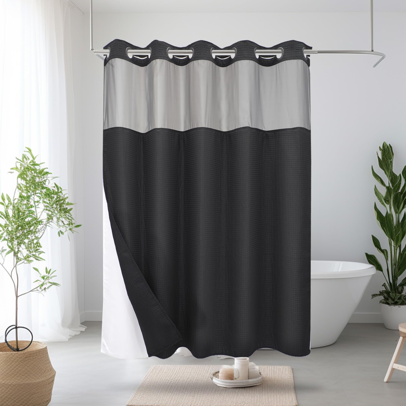 No Hook Shower Curtain Set with Snap in Fabric Liner,250GSM Waffle Weave Black Hotel Grade Bath Shower Curtain - See Through Top Window, Waterproof & Washable, 71W x 74H
