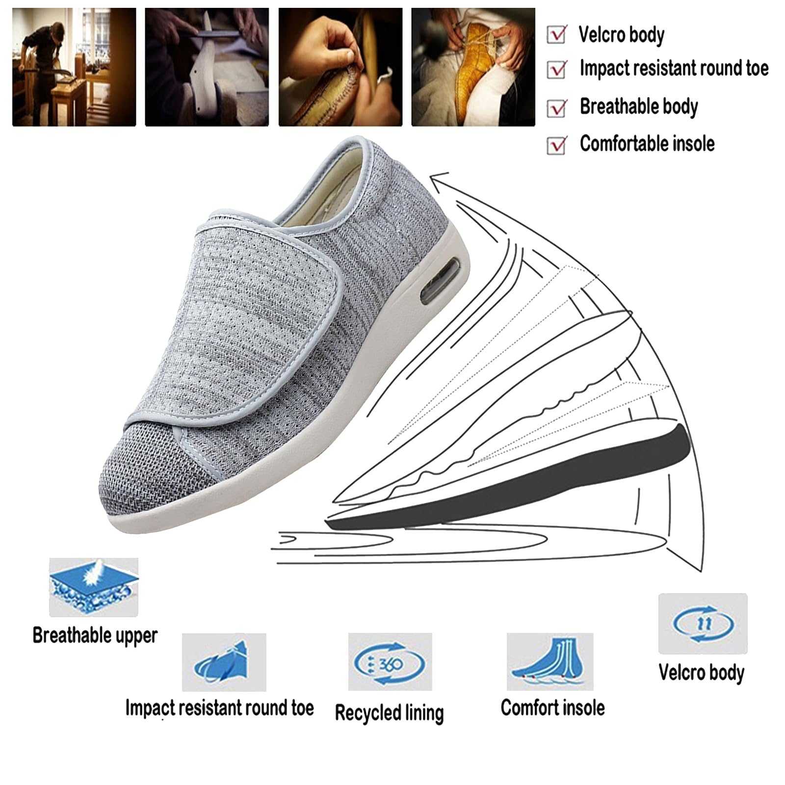 Portatili Scarpe per diabetici,Larghe per Piedi Gonfi Scarpe da Passeggio Regolabili per La Neuropatia Dolorosa dei Piedi degli Anziani.Light Gray 51