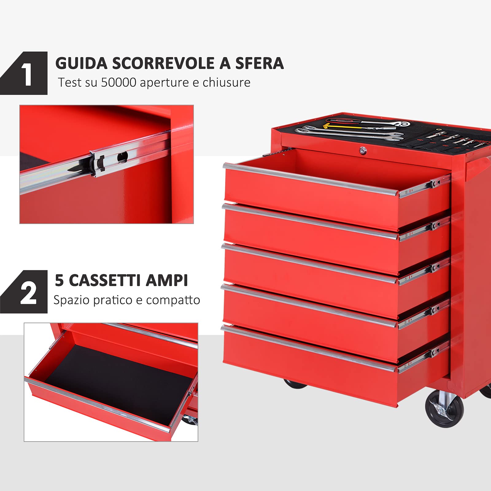 HOMCOM Carrello Porta Attrezzi a 5 Cassetti con Serratura, 4 Ruote e Maniglia, Carrello Officina in Acciaio 69x33x75cm, Rosso