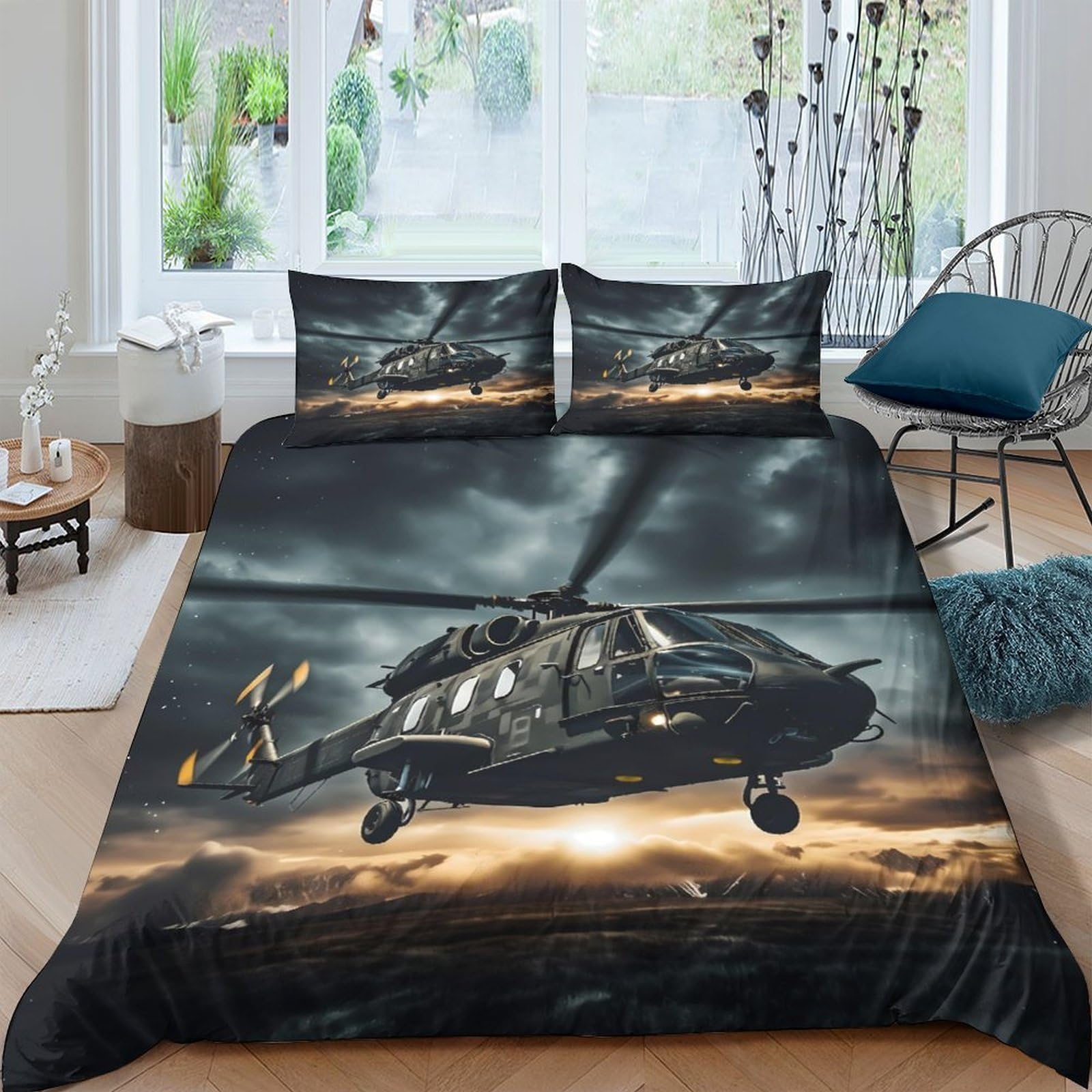 Ctjqhvkz Style-2 3D Printed Helicopter Sunset Fitted Sheet Microfiber Soft Breathable Military Aircraft Bed Cover For Bedroom Decor Single（135X200cm）