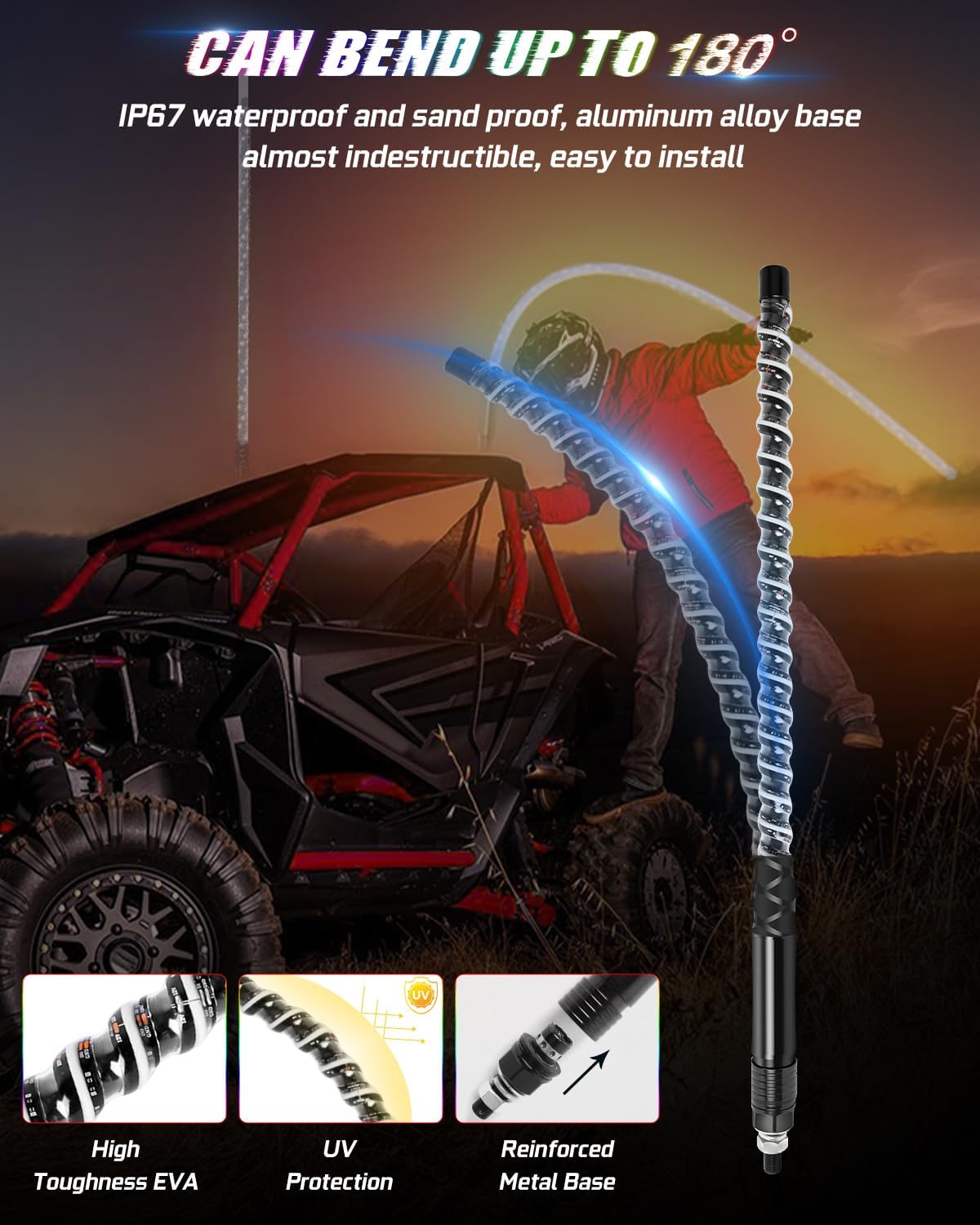CO LIGHT 2FT Spiral COB LED Whip Lights with Remote and APP Control, 300 Colors & 200 Modes RGB Chasing/Dancing Lighted Antenna Applicable for RZR Can-Am Polaris UTV ATV Pickup Trucks, 2PCS