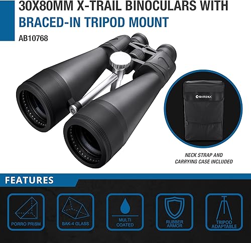 Vista 3 de Barska 30x80mm X-Trail Binoculars with Tripod Mount – Powerful Long Range BAK4 Porro Prism, Multi-Coated Optics, Wide Angle, Rubber Armor, for