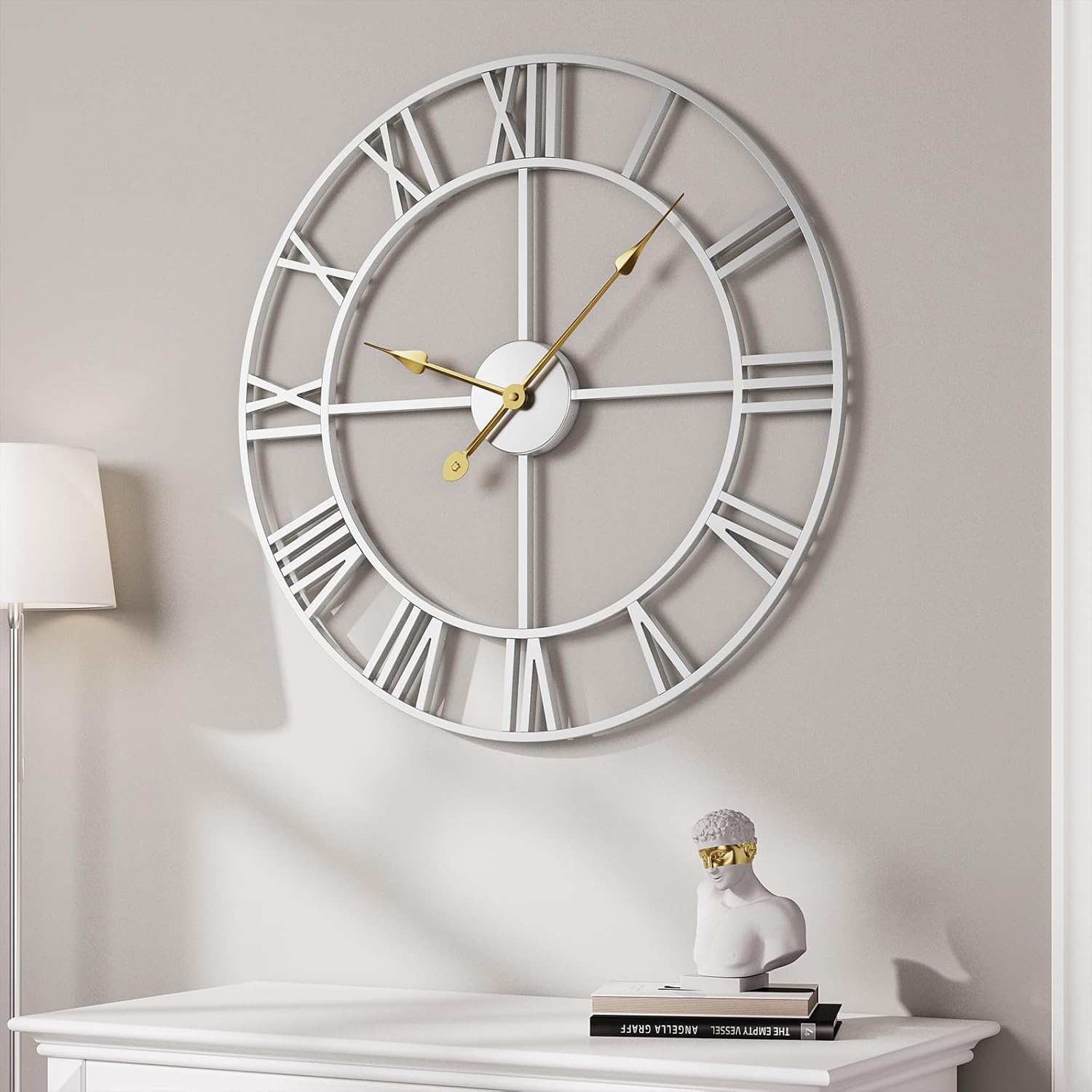 Large Wall Clock 20 Inch Silver Decorative Clock, Modern Metal Round Wall Clock Roman Numerals Battery-Operated Wall Clocks for Living Room Bedroom, Kitchen, Office Silver Roman Number 20 Inch