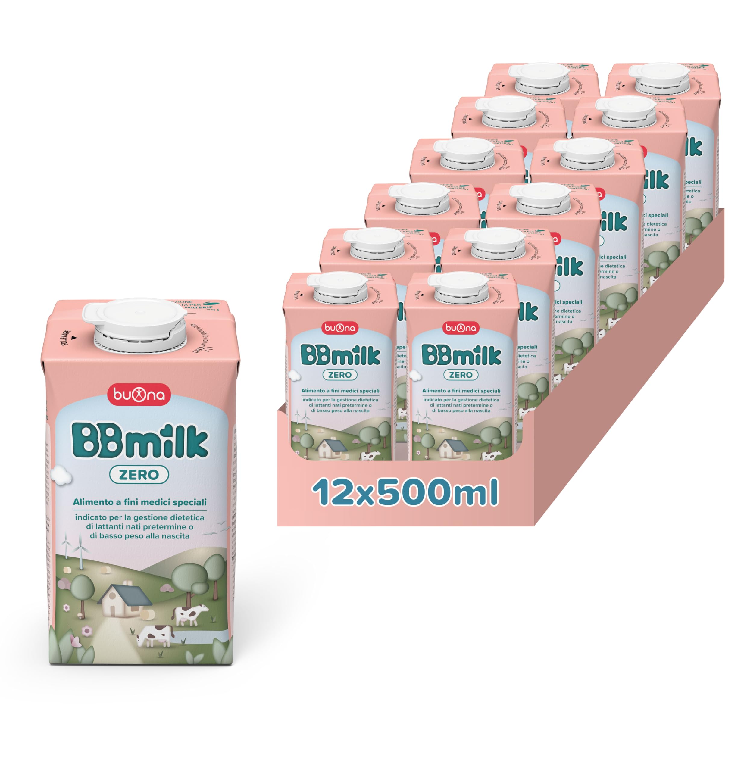 Buona BB Milk Zero per Neonati Prematuri e/o di Basso Peso 500ml Pack da 12, Liquido Pronto all'Uso, Alimento a Fini Medici Speciali, con Proteine del Siero di Latte, Alfa-Lattalbumina e Lattoferrina