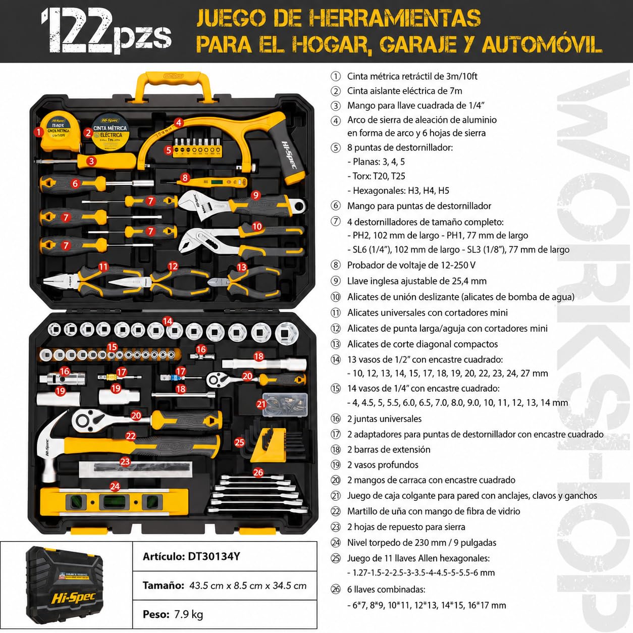 Hi-Spec Caja de Herramientas Mecánicas para Hogar y Coche para Bricolaje | 122 piezas, accesorios y maletín, para mantenimiento, bricolaje, cochera y reparaciones automotrices, uso diario
