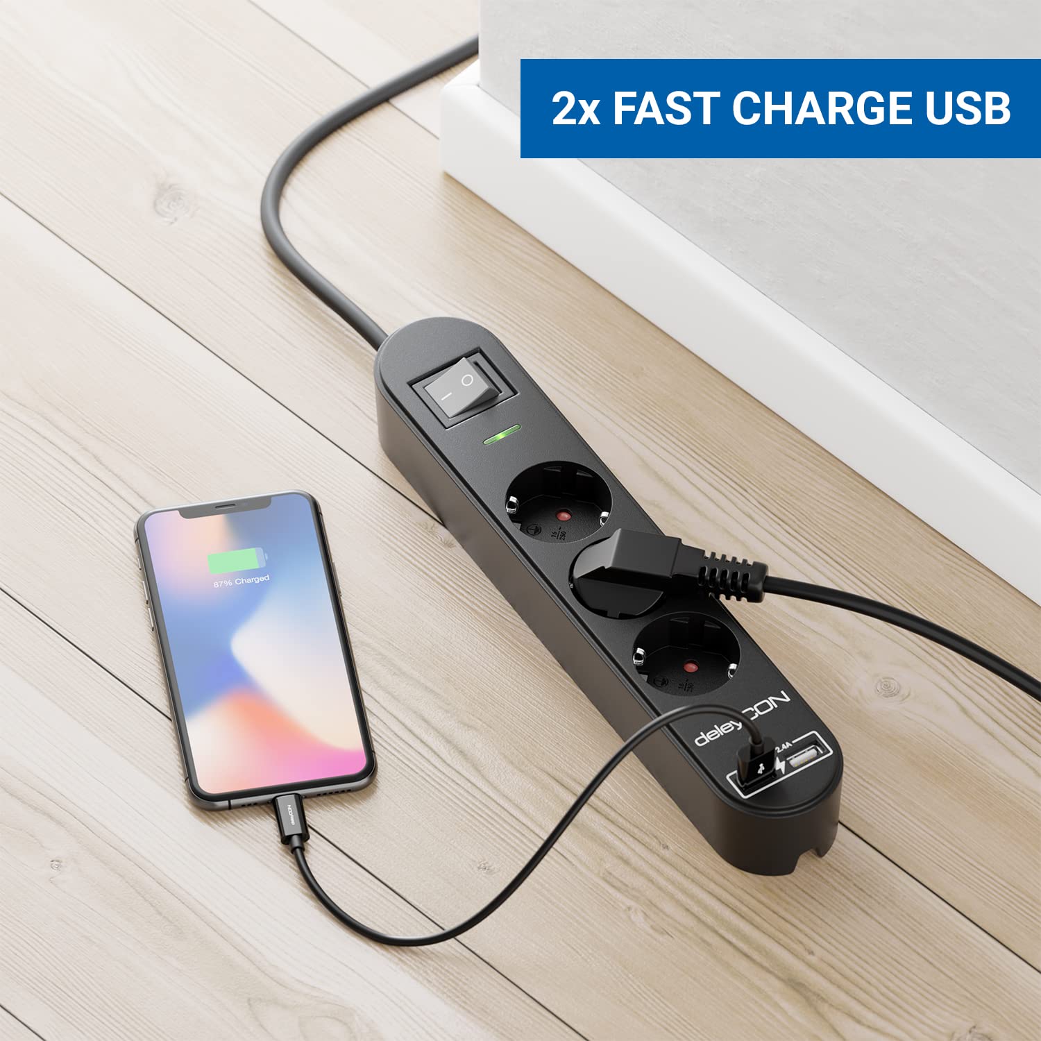 deleyCON Regleta con 5 m, Tres Tomas, Puertos USB, Dos Salidas USB-A para Cargar Móvil y Tableta, Protección contra Sobretensión, Interruptor, Negro — view 2