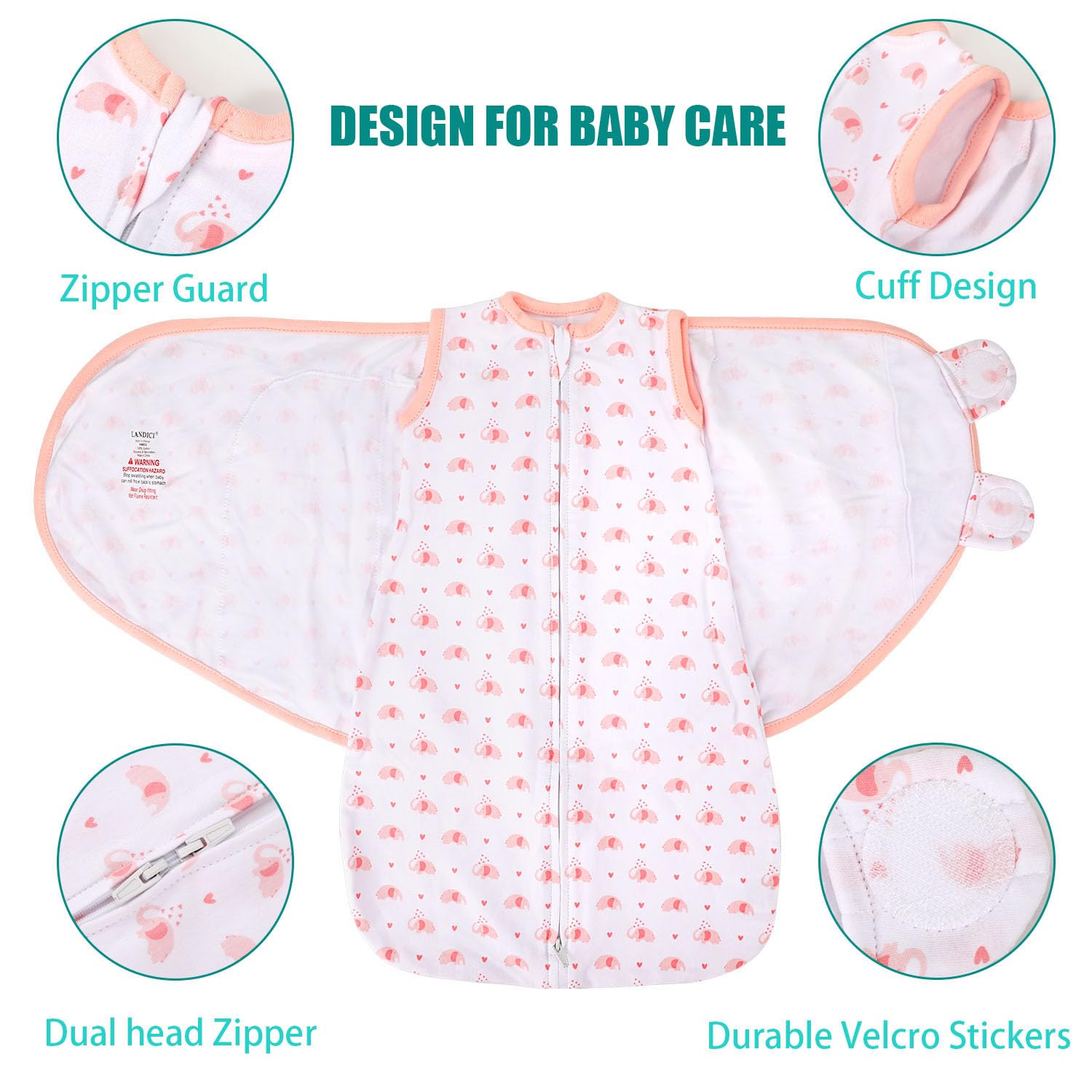 LANDICI Baby Sleeping Bag Sack 0-3 Months,100% Cotton Swaddles for Newborn,3-Way Adjustable Baby Wearable Blanket Wrap,Easy Change Sleepsack Swaddle for Infant Boy Girl,Baby Essentials (Pink Elephant) - Image 2