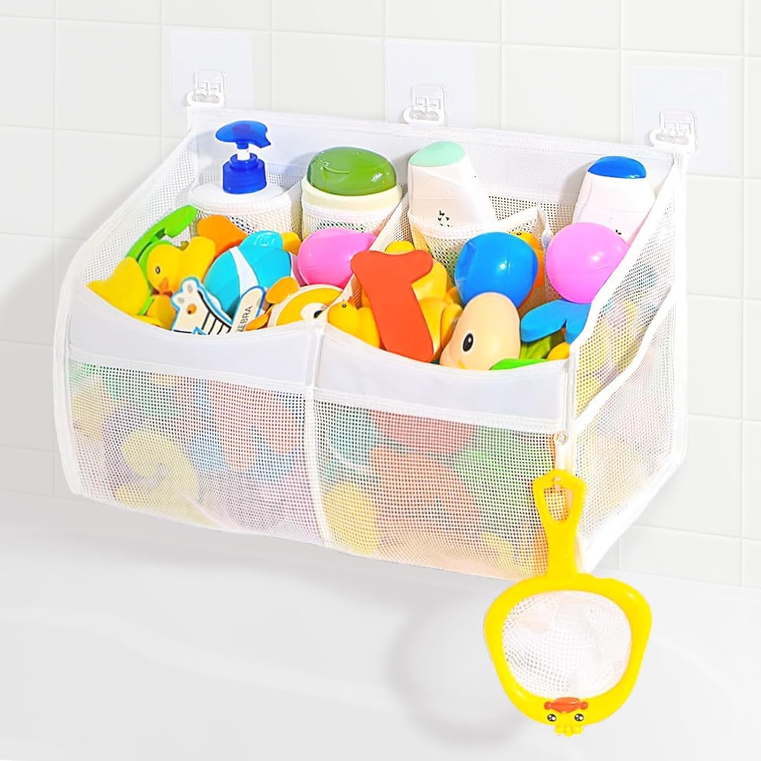 JUSJUBR Bath Toy Storage Net, 2 Compartment Hanging Toy Storage Bag,Bath Toy Caddy Tidy for Accessing & Sorting Toys, 1 Side Pocket and 3 Strong Suction Hooks