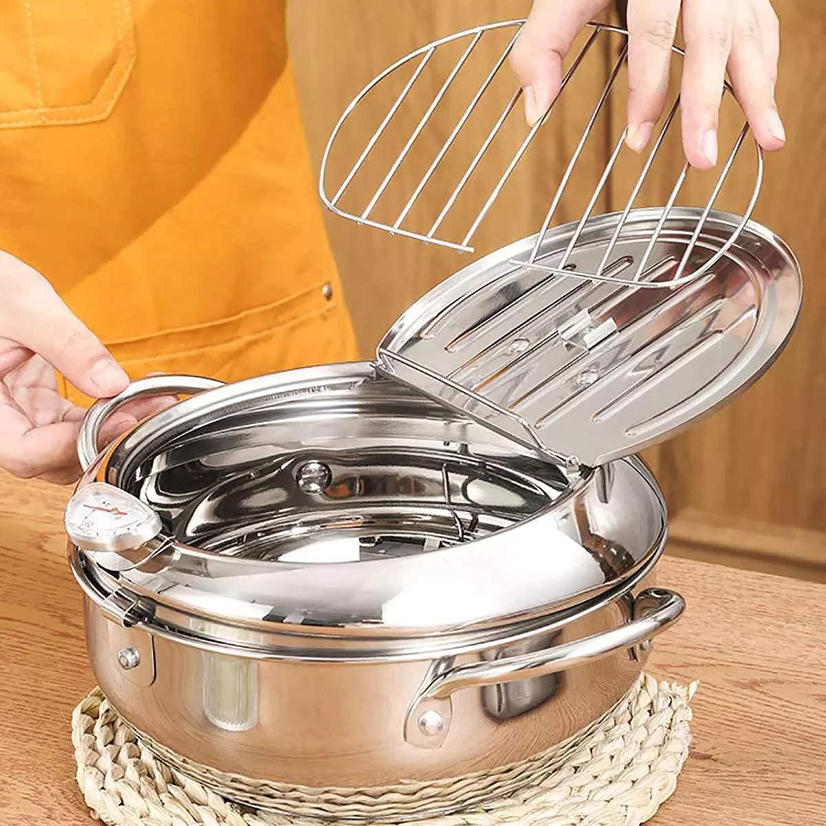 Padella per friggere Profonda in Acciaio Inossidabile 304, pentola per friggitrice Giapponese Antiaderente con termometro, Coperchio, scolapiatti per Olio per Pollo