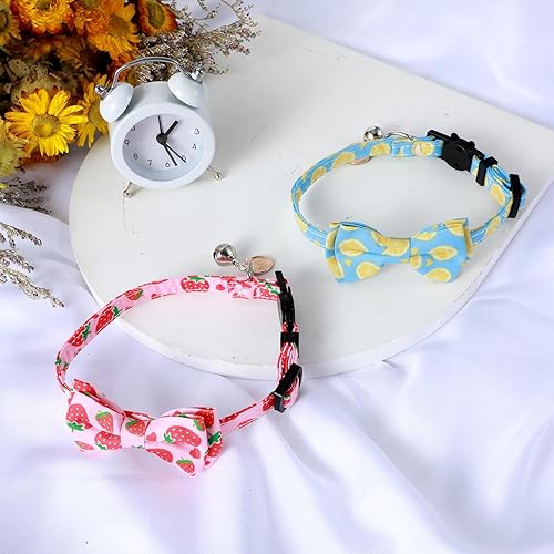 Ouligay 2PCS Breakaway Cat Collars for Girl Cats with Bow Tie Bell Lemon Strawberry Cat Bowtie Collar Cute Adjustable Kitten Collars for Male Female Cats