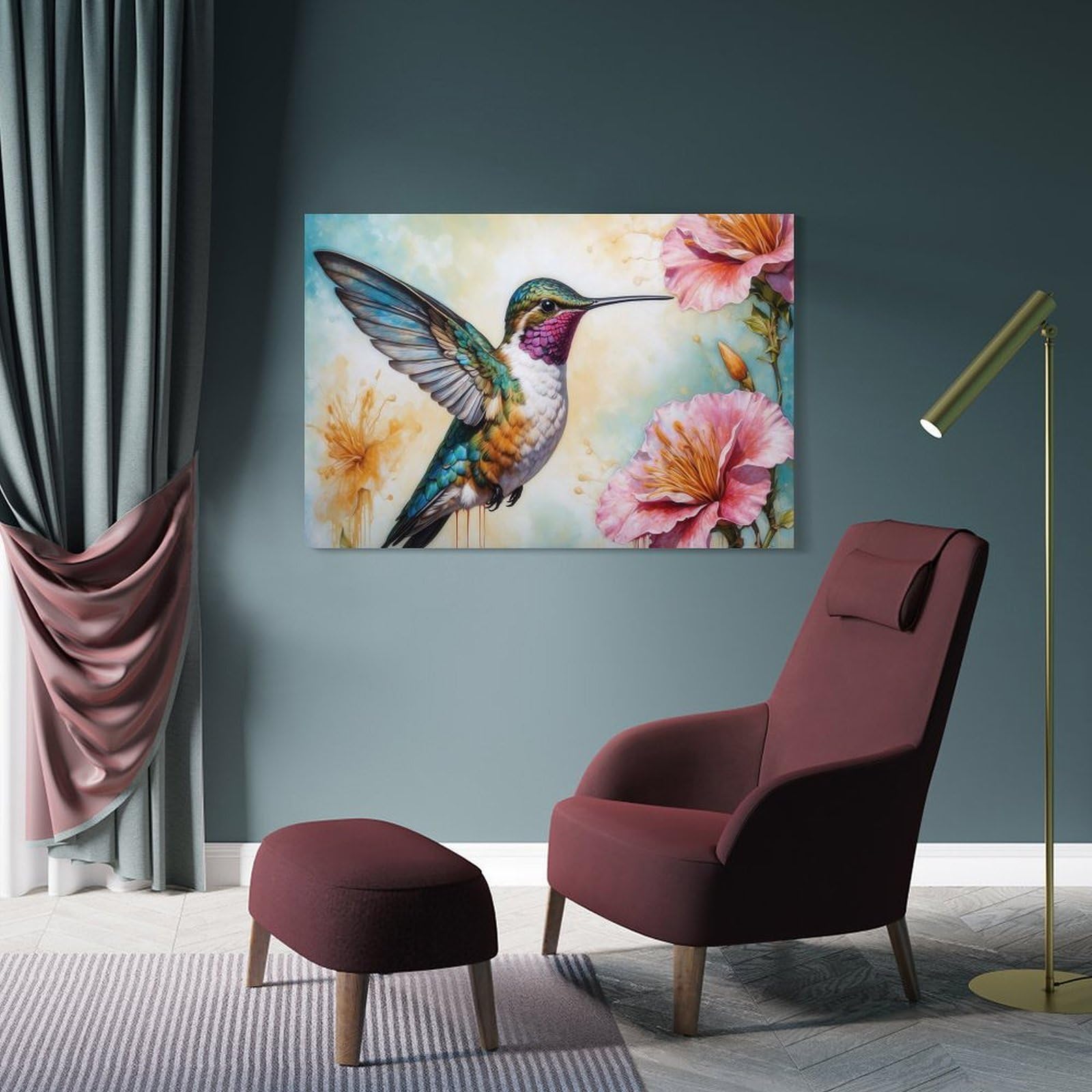 Junmoney Hummingbird And Pink Flowers Art Decorative Wall Artwork 16x24inch(40x60cm), for Front Hall, Corridor Or Welcome Spaces, Decorative Wall Art for Narrow Spaces