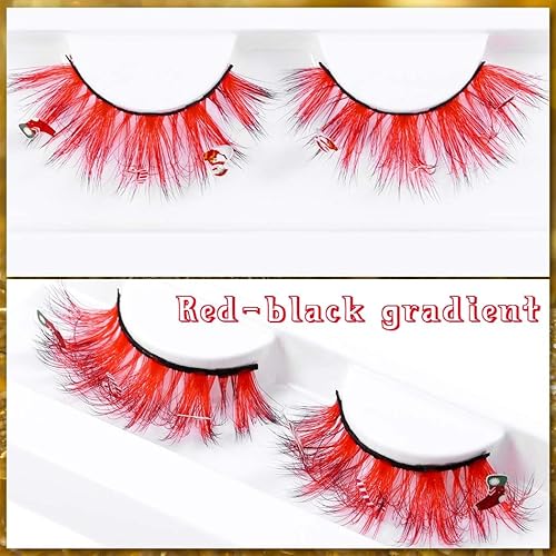 Miniatura 6 de Uranian Pestañas postizas de visón sintético de colores, con rizo D, tira rusa roja, pestañas postizas dramáticas de Navidad para mujeres y niñas