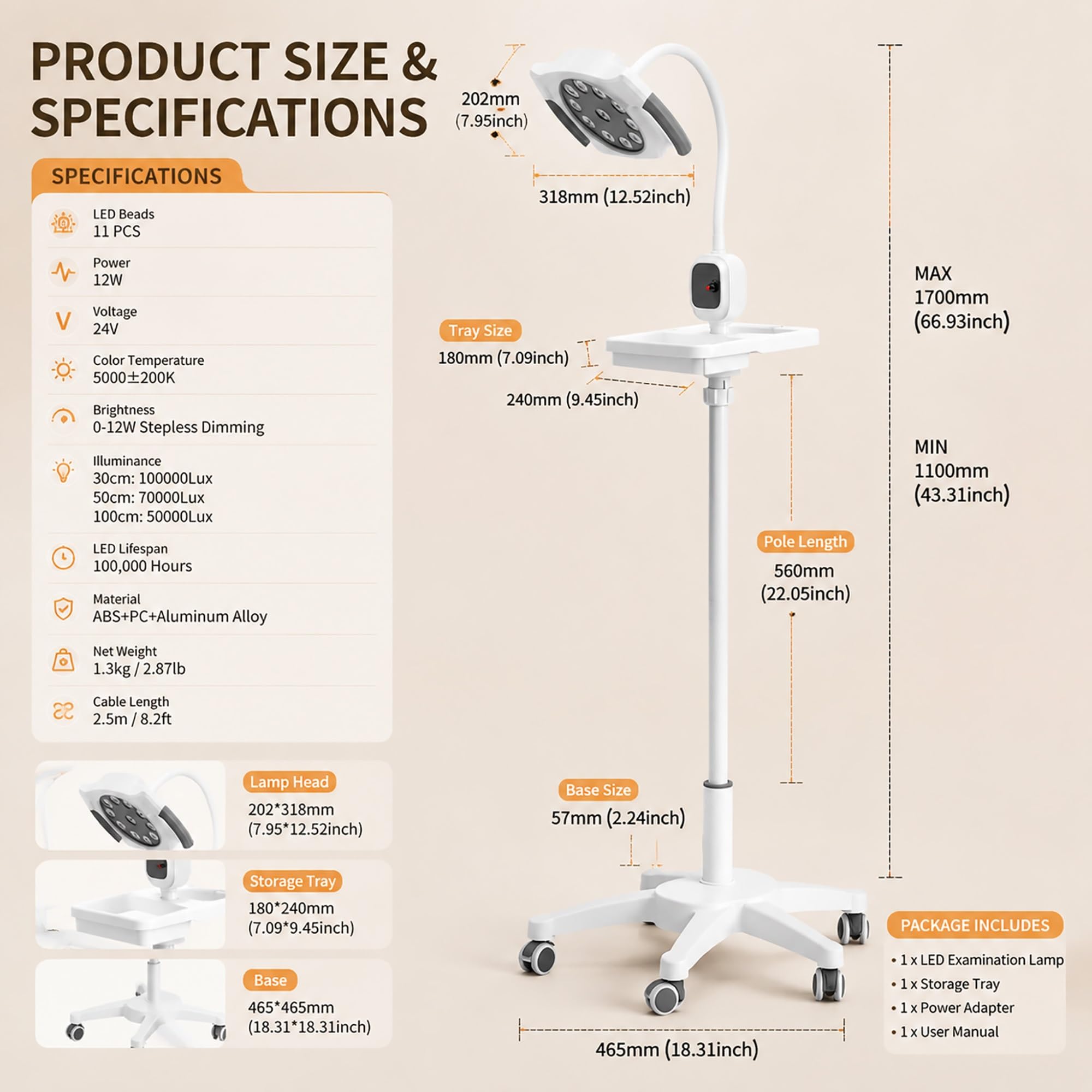 Lampada da Visita Chirurgica LED 12W, Lampada per Visita Ginecologica | Luce Fredda Mobile Senza Ombre con Collo di Cigno Flessibile per Studi Dentistici, Orali e Ambulatori Ginecologici